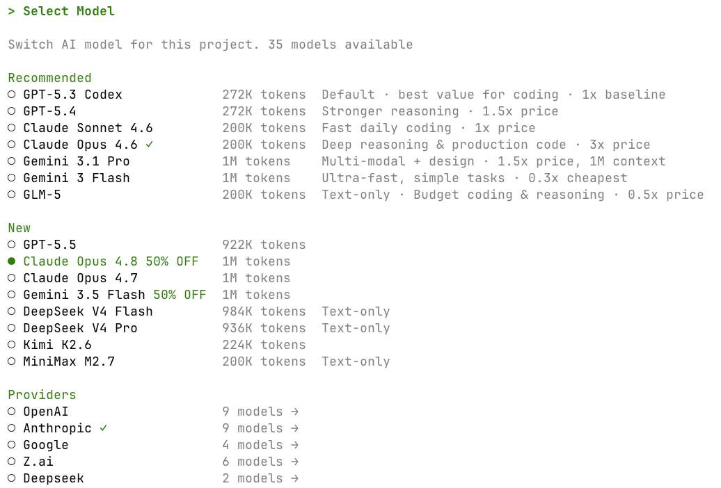 AdaL model selector showing Claude Opus 4.8 in the New category